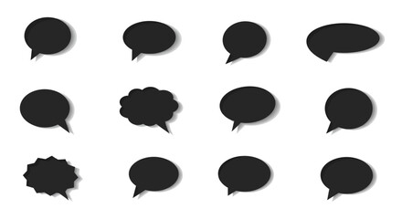 Collection of Black Speech Bubbles with Shadows Various Shapes and Styles.