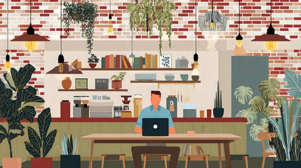 Freelancer man with laptop at wooden table in cozy plant-filled cafe, books and barista gear on shelves against brick wall in background, warm pendant lights above, concept of remote work productivity