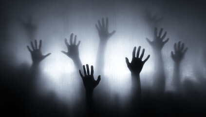 Silhouetted hands reaching out behind translucent surface create eerie and mysterious atmosphere