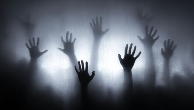 Silhouetted hands reaching out behind translucent surface create eerie and mysterious atmosphere - Powered by Adobe