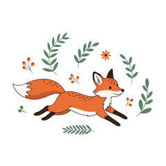 Naklejka premium A cute cartoon fox running through the forest with leaves and berries.