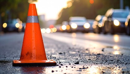 Traffic cone on a wet road with cars blurred in the background.