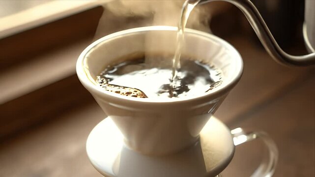 Pour Over Coffee Brewing Process with Hot Water and Ceramic Dripper in a Cozy Morning Setting
