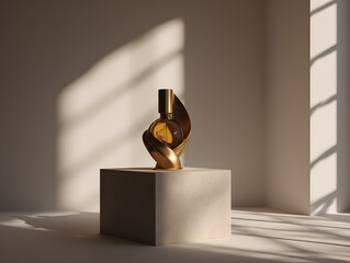 Luxurious fragrance bottle with elegant gold design on a stone plinth in sunlit room