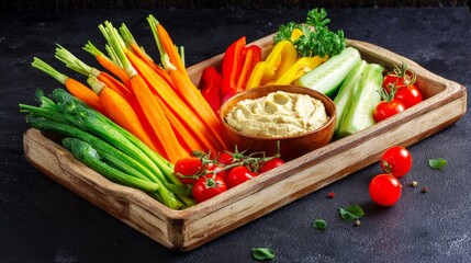 Fresh vegetable platter with carrots cucumbers cherry tomatoes and hummus dip on rustic wooden tray for healthy lifestyle concept