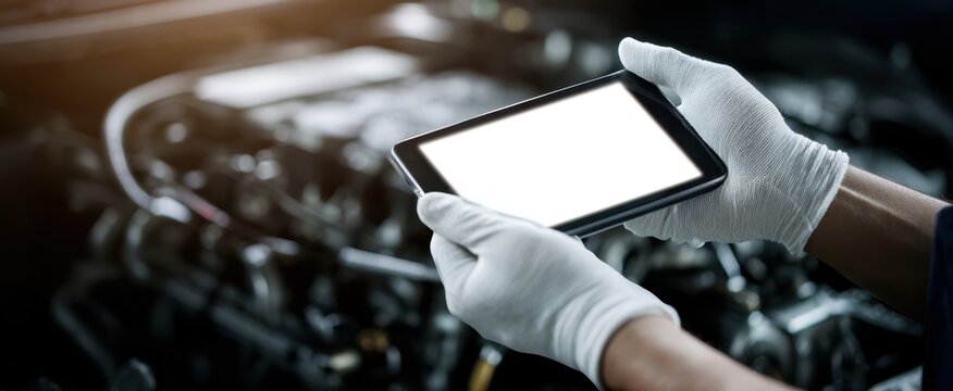 The Tablet Used by Mechanic for Diagnostic Inspection of a Modern Car Engine