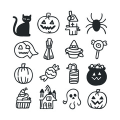 Sixteen simple, black and white hand-drawn Halloween icons.