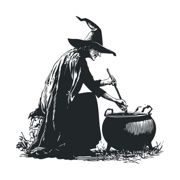 Old witch stirring a potion in a large cauldron.