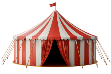 Classic red and white striped circus tent under a dark sky