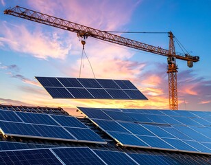 Construction crane installing solar panels on a roof at sunset