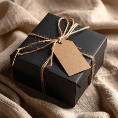 Black gift box with twine and tag on beige fabric