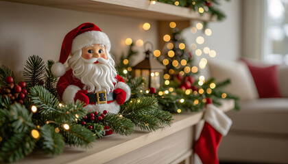 Santa figurine on a shelf surrounded by holiday decorations in a cozy living room with copy space