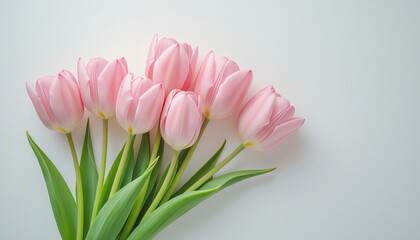 Pink tulips in a natural curve against a smooth white background with copy space
