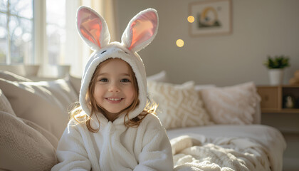 Young child in a bunny costume smiling in a sunlit living room with copy space