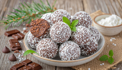 Mint chocolate truffles on a dark surface with copy space