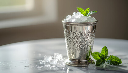 Mint julep in frosted silver cup with crushed ice on marble surface with copy space