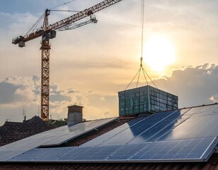 Construction crane lifts solar panels onto rooftop at sunset