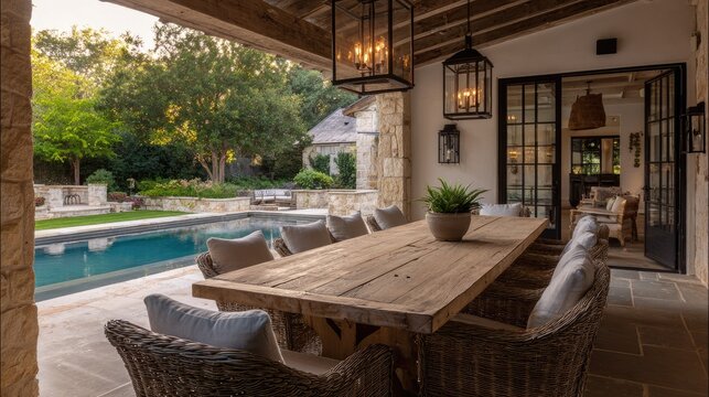 Outdoor dining area with pool view