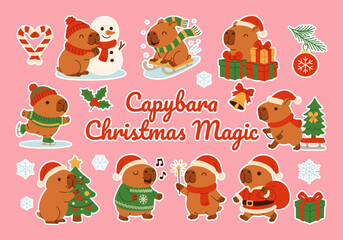 A collection of cute capybara stickers with the words "Capybara Christmas Magic"