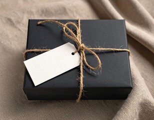 Black gift box wrapped with twine and a blank tag on linen