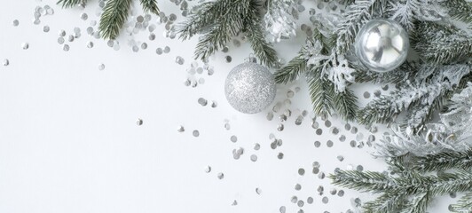 The Silver Ornament and Frosted Pine Branches on White Holiday Background