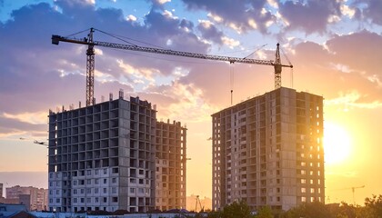 Construction of two apartment buildings at sunset