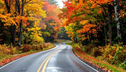 Autumnal road through vibrant forest