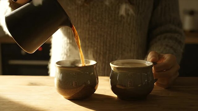 Pouring Freshly Brewed Coffee into Ceramic Mug on Wooden Table in Cozy Morning Light