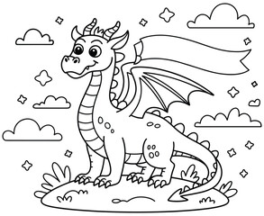 Cute cartoon dragon with banner coloring page for kids. Black and white line art fantasy illustration
