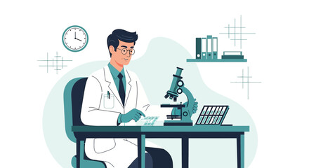 Scientist in laboratory doing research using microscope and analyzing slides flat vector