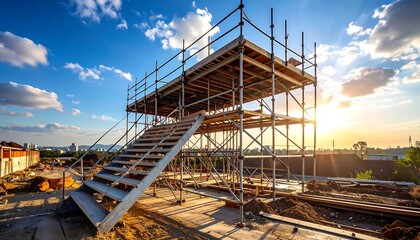 Construction scaffolding under a bright sky
