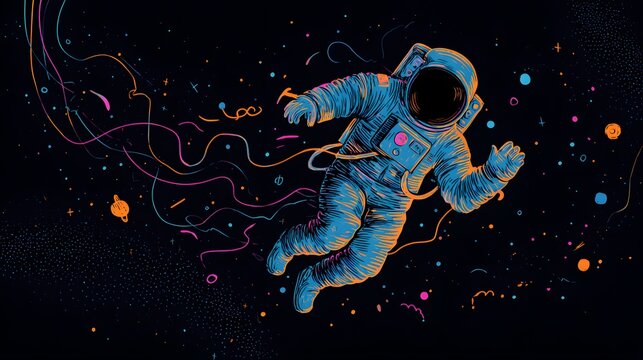 Intricate Vector Illustration of a Lost in Space Astronaut with Cartoon Doodle Style and Vivid Colors Emphasizing a Whimsical Cosmic Theme