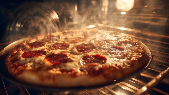 Detailed depiction of a steaming pepperoni pizza nearing perfection in a warmly lit cozy kitchen environment