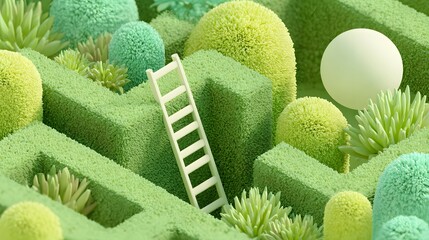A surreal 3D cartoon scene featuring a ladder navigating through vibrant green maze walls rendered in a whimsical pastel vector illustration style.
