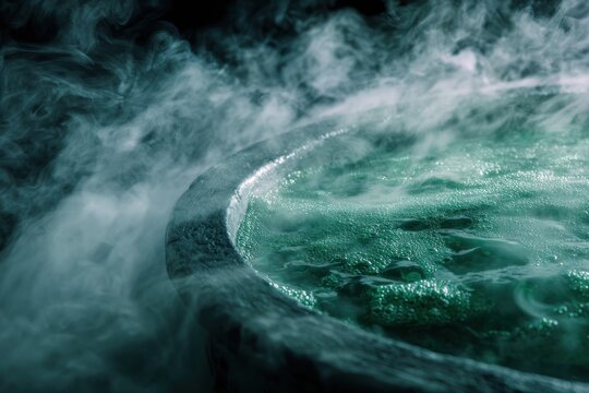 Dark cauldron, steaming green liquid, spooky smoke