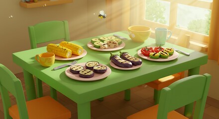 Colorful food arrangement on table