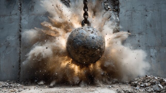 Heavy metal ball explodes concrete wall