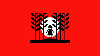 Fototapeta premium A silhouette of a child stands in a field of plants against a bright white circle on a vibrant red background, evoking a sense of mystery and childhood