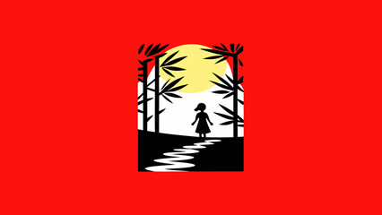 A silhouette of a young girl standing on a winding path in a forest with a large yellow sun behind the trees, set against a vibrant red background