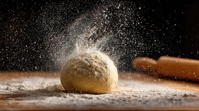 Dough ball dusted with flour, flour explodes