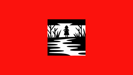 A silhouette of a young girl standing on a path in a forest, with trees and a stream, against a vibrant red background