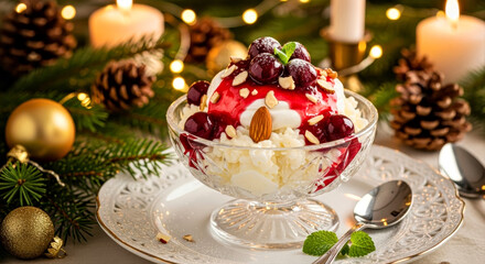 Danish Christmas dessert Risalamande. Festive Holiday Dessert with Cherries and Nuts in Elegant Crystal Bowl