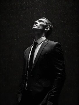 Elegant man in suit looking up in dramatic black and white light with cinematic atmosphere