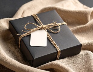 Black gift box wrapped with twine on burlap