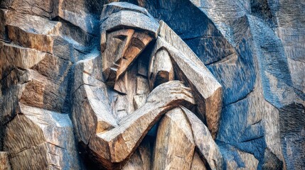 Hand carved wooden sculpture of abstract figure with rustic texture, traditional craft art and cultural design high resolution concept