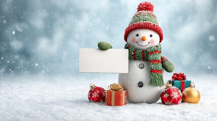 Smiling snowman in red and green hat with blank wooden sign, festive baubles, gifts and snowy background