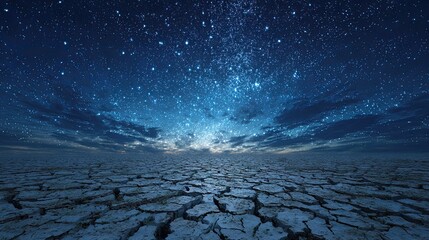 Cracked dry earth desert landscape under glowing starry sky with bright cosmic galaxy horizon view