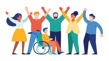 Vector art of group of diverse people celebrating together, including a person in a wheelchair