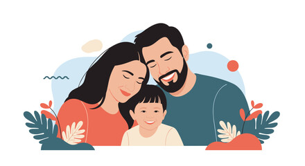 A loving family portrait featuring parents and their young child embracing happily together.