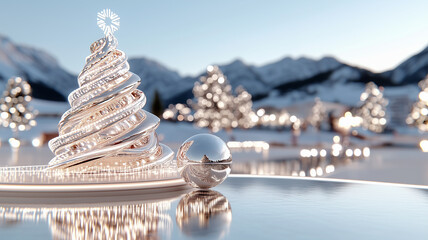 Elegant silver Christmas tree decoration with bauble on snowy background, festive winter landscape, luxury holiday scene, modern Xmas concept for seasonal greeting cards and celebration design.